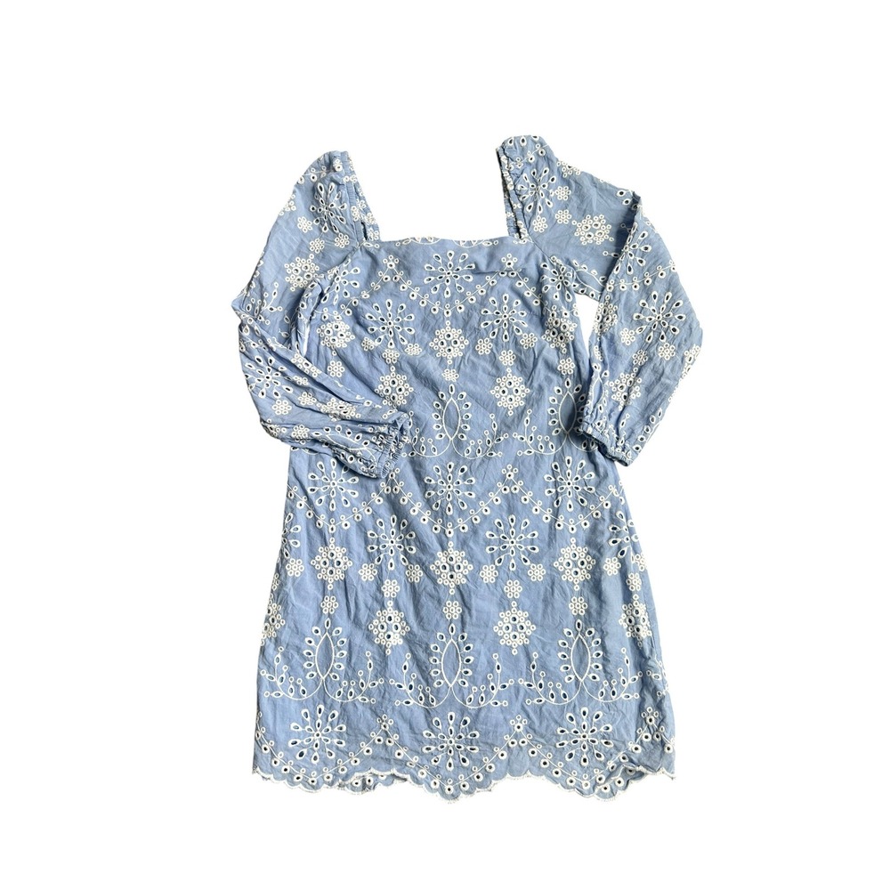 Sail to Sable Blue White Eyelet Embroidered Mini Dress Smocked Back Preppy XXS